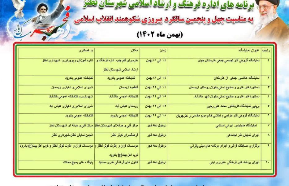 برنامه های اداره فرهنگ و ارشاد اسلامی شهرستان نطنز در دهه مبارک فجر انقلاب اسلامی